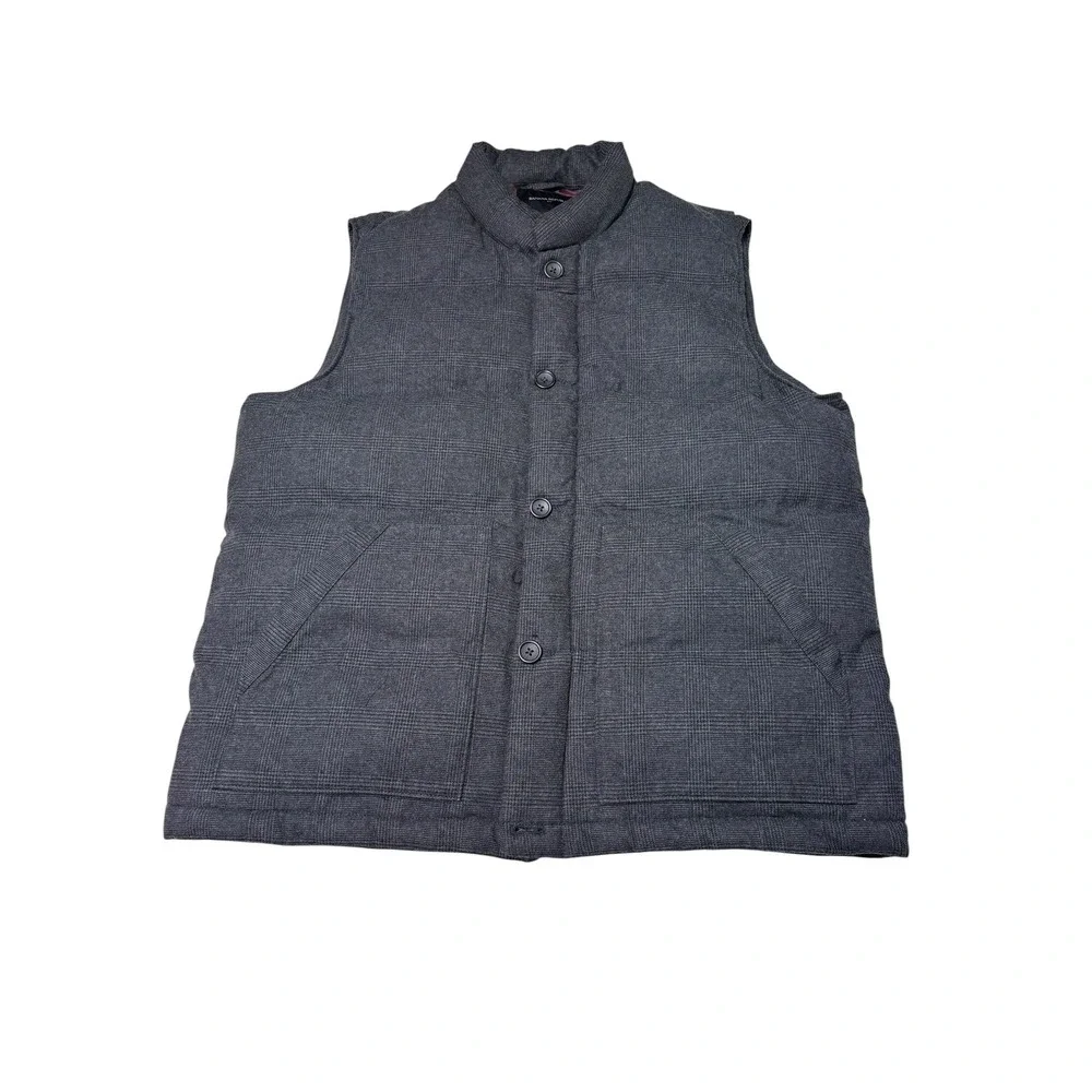 Banana Republic Mens Grey Glen Plaid Puffer Vest Burgundy Lining Large
